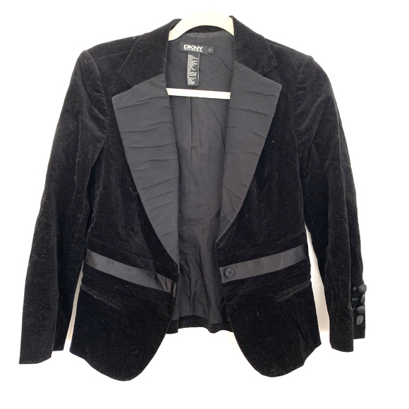 DKNY Black Velvet One Button Long Sleeve Blazer Jacket 2 - Picture 2 of 4